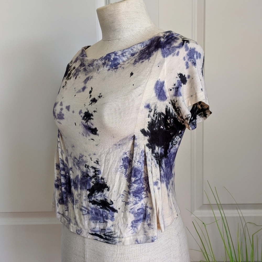 RAGA Tie Dye Top Cropped Bateau Cowl Cap Sleeve Stretch Knit White Blue M NWT - Picture 6 of 8